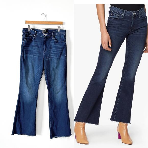 MOTHER The Weekender Fray Deni Flare Mid-Rise Jeans in Tongue and Chic Dark Blue - Picture 1 of 11